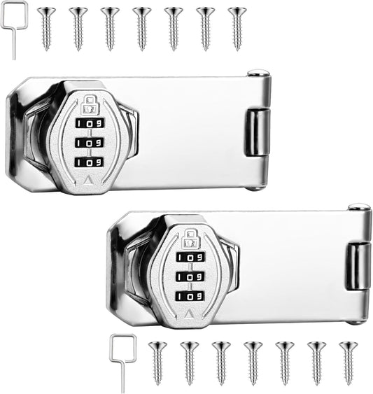 Cozy Tower 4 inch 180 Degrees Hasp Combination Lock for Cabinet, Combo Latch Lock for Cupboard, Drawer, Closet Door, Garage Fence Shed Door (Chrome, 2 Pack)