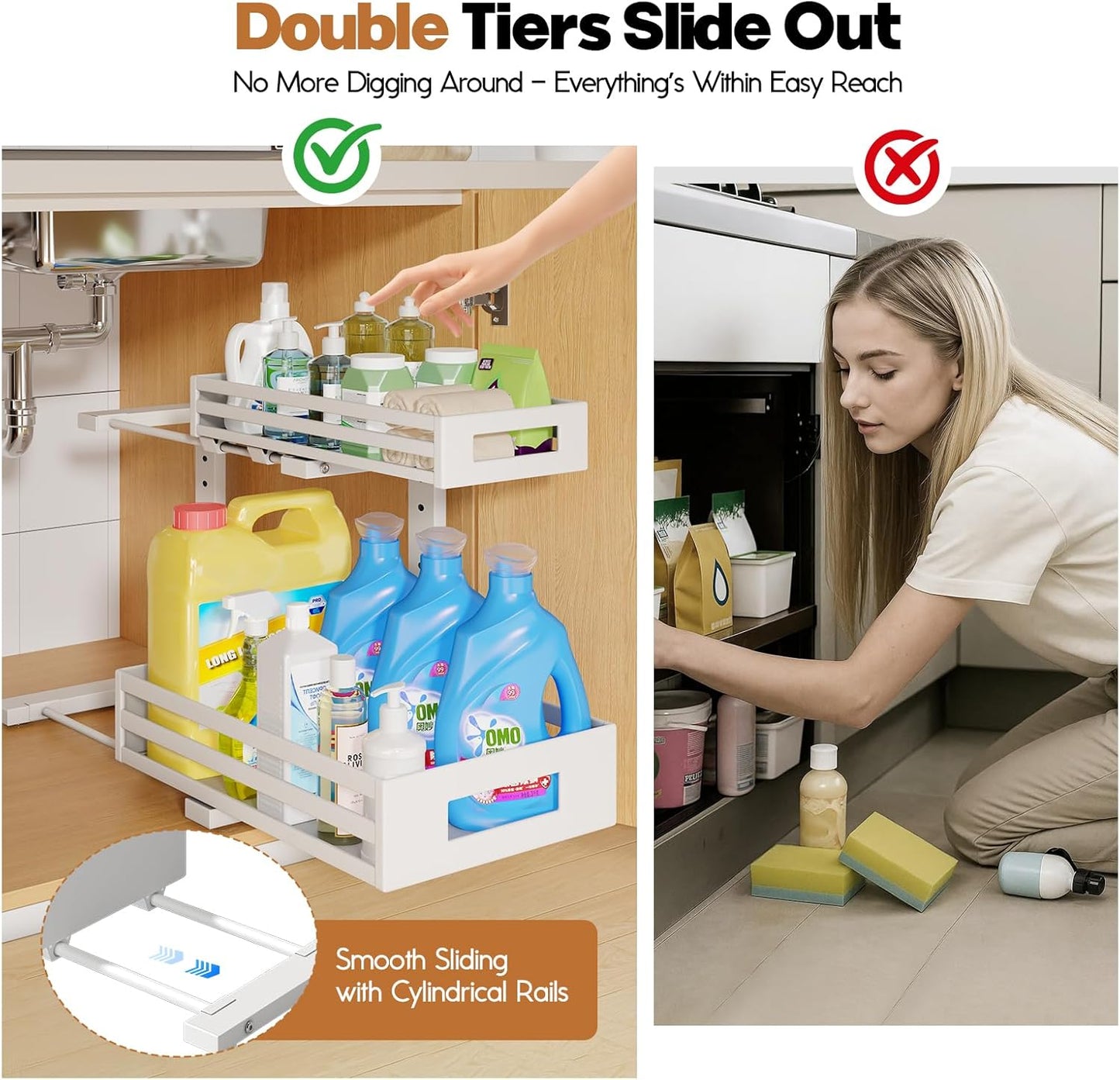 1-Pack Under Sink Organizers and Storage,2-Tier L Shape Pull Out Cabinet Organizer With Round Tube Slide Rails,Hight Adjustable Slide Out Drawers for Kitchen&Bathroom,Multi-Purpose Storage Shelf-White