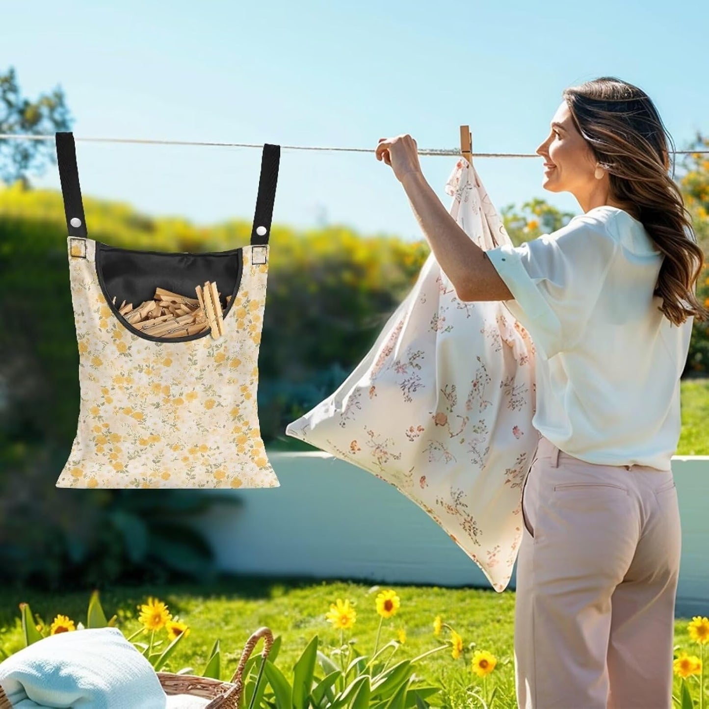 Clothespin Bag with Large Capacity for Mini and Wooden Clothespins with Large Opening Storage Organizer Laundry Hanging Bag - Floral Pattern