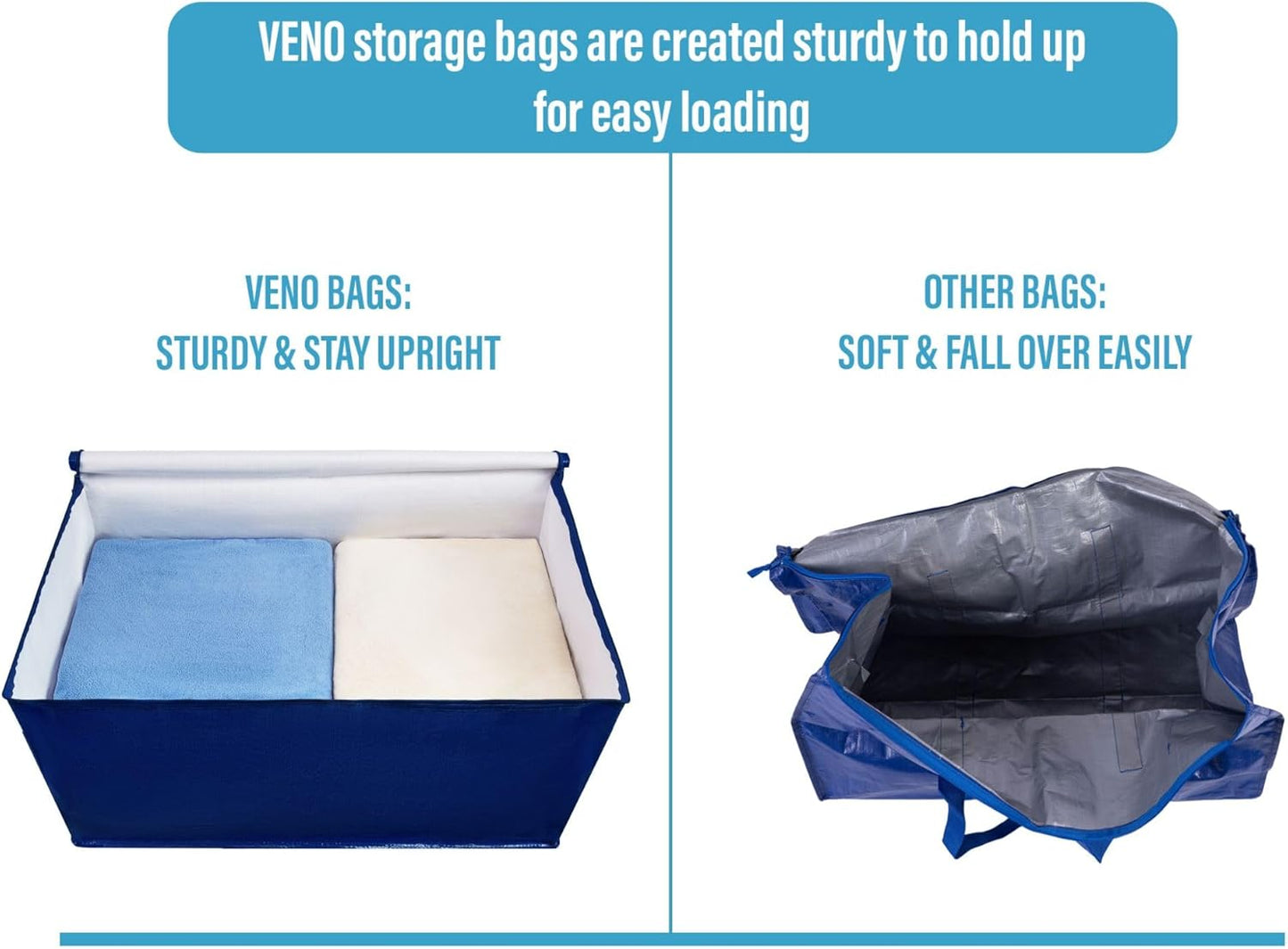 VENO 4 Pack Moving and Storage Bags, Heavy Duty, Alternative to Moving Boxes, Large Packing Totes Supplies for College Dorm Room with Zipper for Clothes, Wide Open Design (Blue, 4 Pack)
