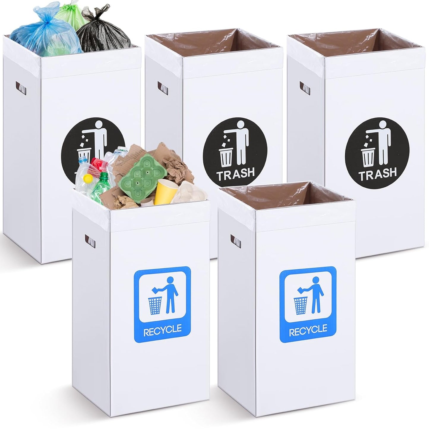 Tioncy 5 Pcs 30 Gallon Corrugated Cardboard Trash Cans Recycling Bins with Trash and Recycle Letters White Disposable Garbage Container Reusable Garbage Boxes for Party Camping Outdoor Events
