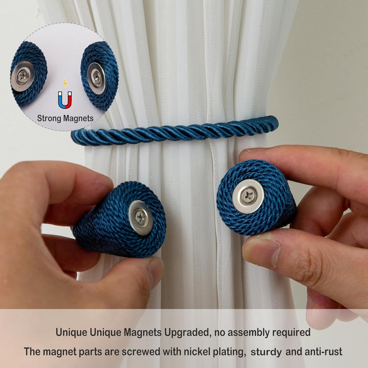 Magnetic Curtain Tiebacks 8 Pack Outdoor Rope Curtain Tie Backs Decorative Window Treatment Holdbacks for Home Decorative Curtain, Blue