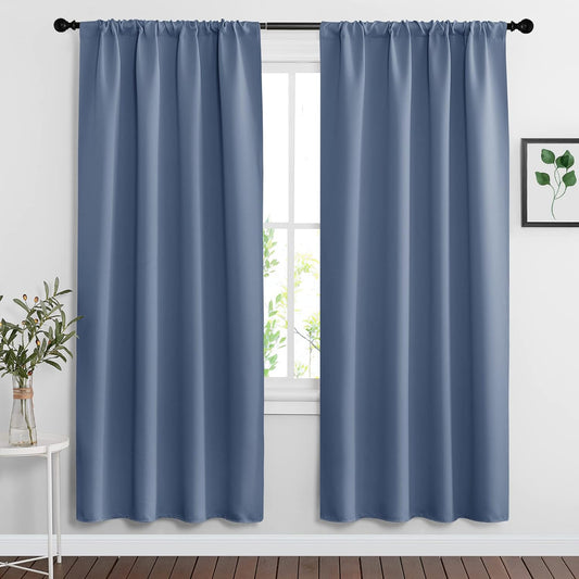 RYB HOME Bedroom Blackout Curtains - Room Darkening Noise Reducing Curtains & Drapes Solid Durable Privacy Window Treatment for Studio Living Room Playroom, W42 x L72 inch, Stone Blue, 1 Pair