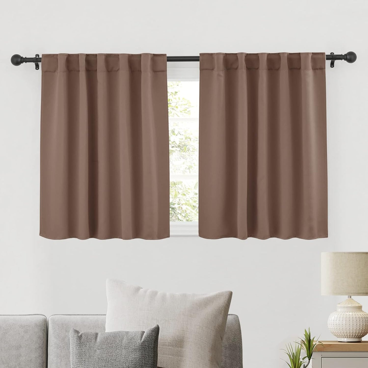 RYB HOME Short Curtains for Kitchen, Blackout Thermal Insulated Window Drapes Back Tabs Room Darkening Half Window Curtains for Studio Dorm Loft, Mocha, W42 x L36 inch, Set of 2 Panels
