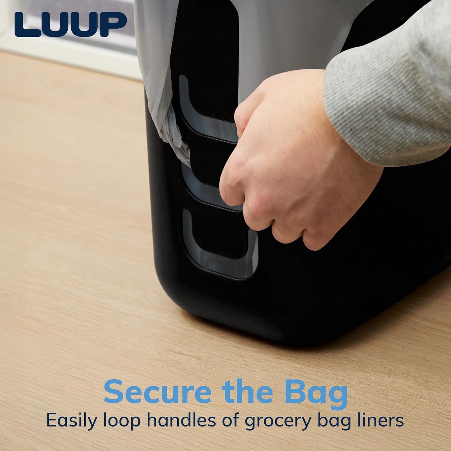 STORi Luup Bathroom Wastebasket, Secure Grocery Bags, Plastic Garbage Container for Vanity, Laundry Room, Kitchen, Office, 2.5 Gallon, Black, Made in USA