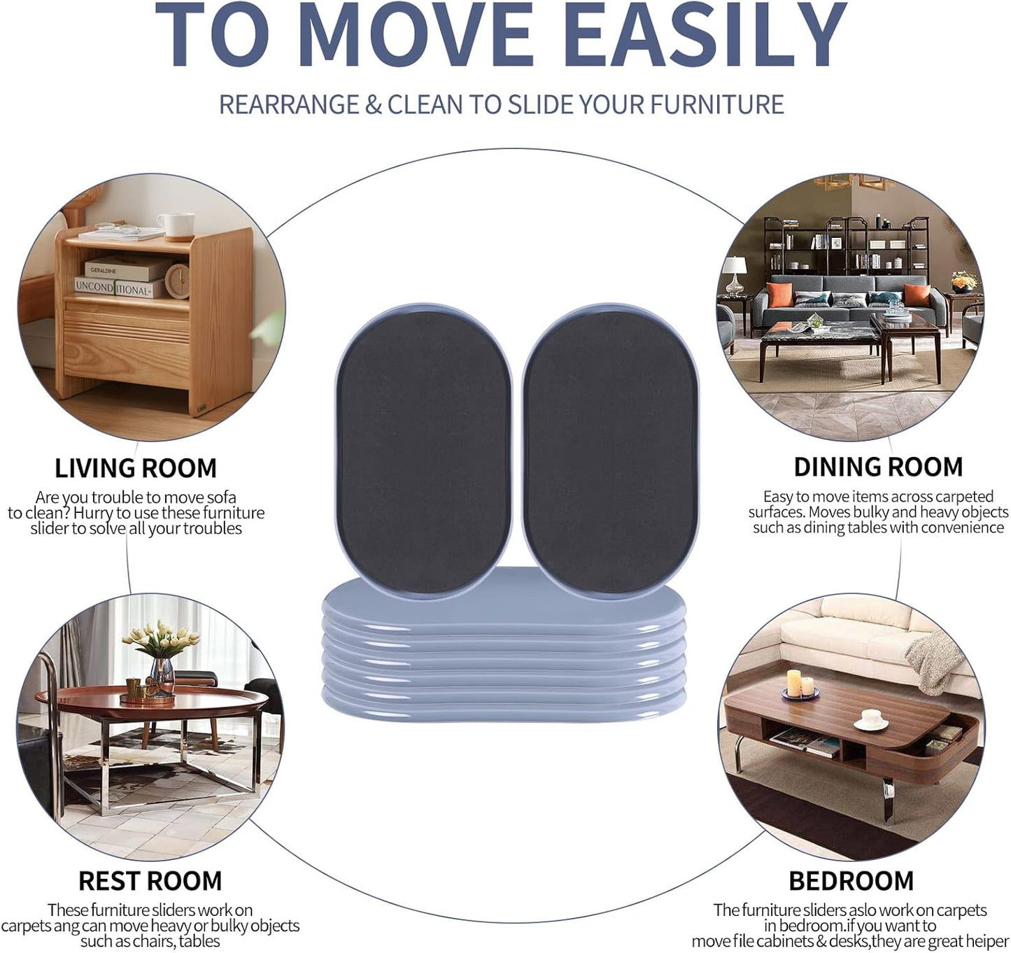 Reusable Large Furniture Movers Sliders for Carpet and Hardwood Floors-8 Pack 9-1/2" Oval Moving Pads Protector for Heavy Duty Sofa Bed Table Desk,Quickly and Easily Move Any Item, Light Blue