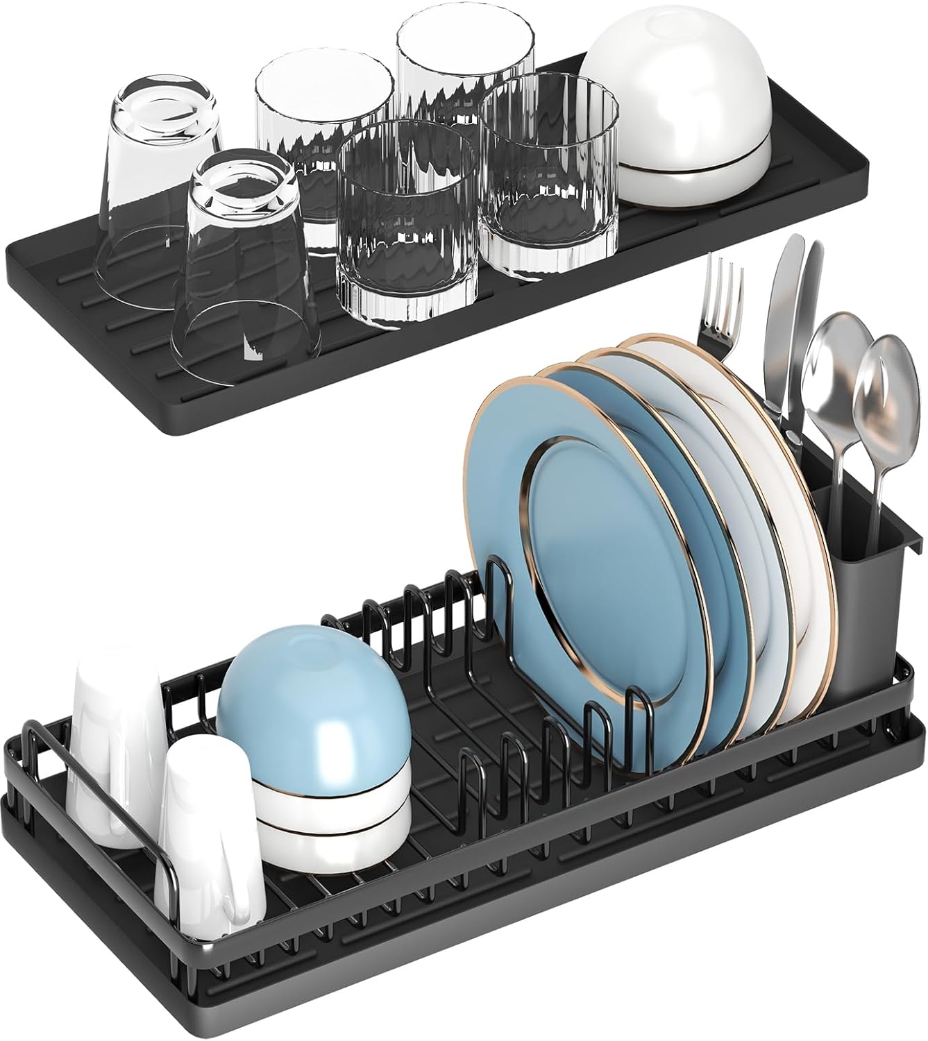 Small Dish Drying Rack, Compact Sink Dish Drainer Plate Organizer with Utensil Holder and 2pcs Silicone Drying Mats for Kitchen Counter, RVs, Apartments