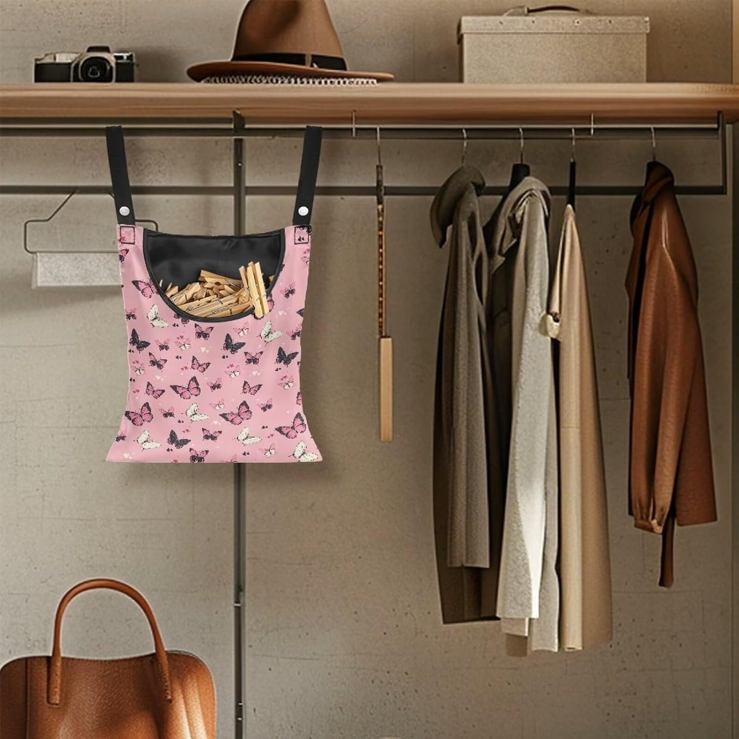 Butterfly Print Clothes Pin Hanging Bag, Stylish Clothespin Bag with Hanging Rope, Clothespin Organizer