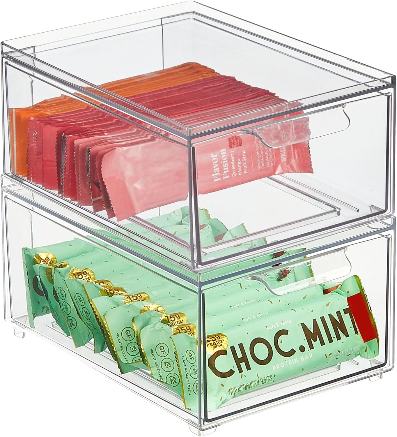 mDesign Stackable Storage Containers Box with Pull-Out Drawer - Stacking Plastic Drawers Bins for Kitchen Pantry and Cupboard, Cabinet, Counter, Island and Tables - Lumiere Collection - 2 Pack - Clear