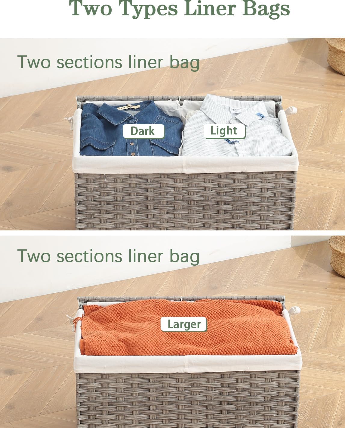 Storage Basket with Lid Rattan Storage Basket with 2 Separate Lid, 27.8 Gallon (105 L) 25.2 * 15.4 * 16.1 Inches Woven Wicker Baskets with 2 Liners and Handles for Bedroom Laundry-Gray