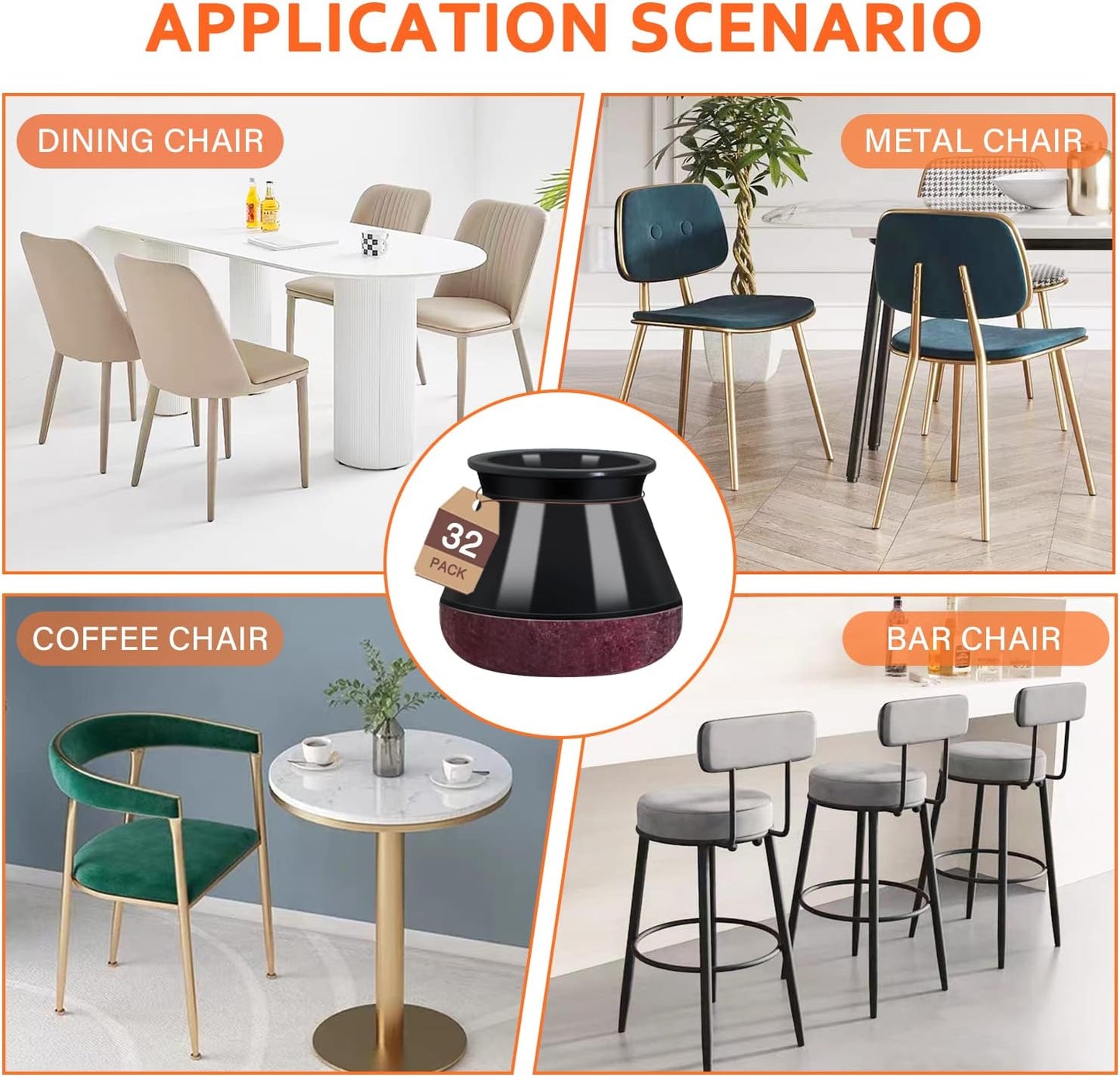 Chair Leg Floor Protectors Chair Leg Protectors for Hardwood Floors Felt Silicone Caps Strengthen Bottom Protection Anti-Scratch Reduce Noise 32 Pack Black Round Large Fit 1-3/16" to 1-5/8" (30-40mm)