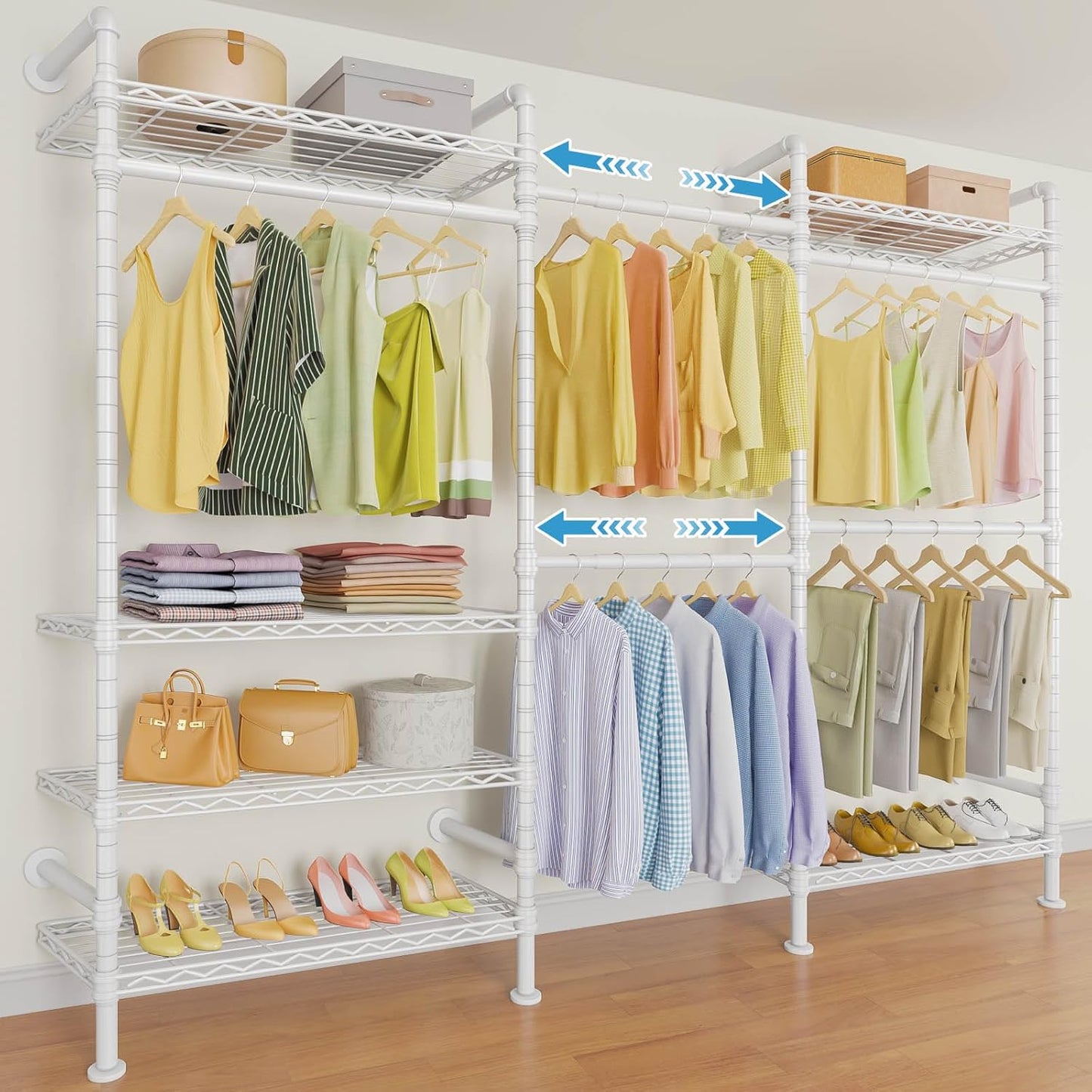 Timate F3 Garment Rack Heavy Duty Clothes Rack for Hanging Clothes, Expandable Industrial Pipe Wall Mounted Clothing Rack, Adjustable Storage Closet Wardrobe Closet Kit Walk in Closet Systems, White