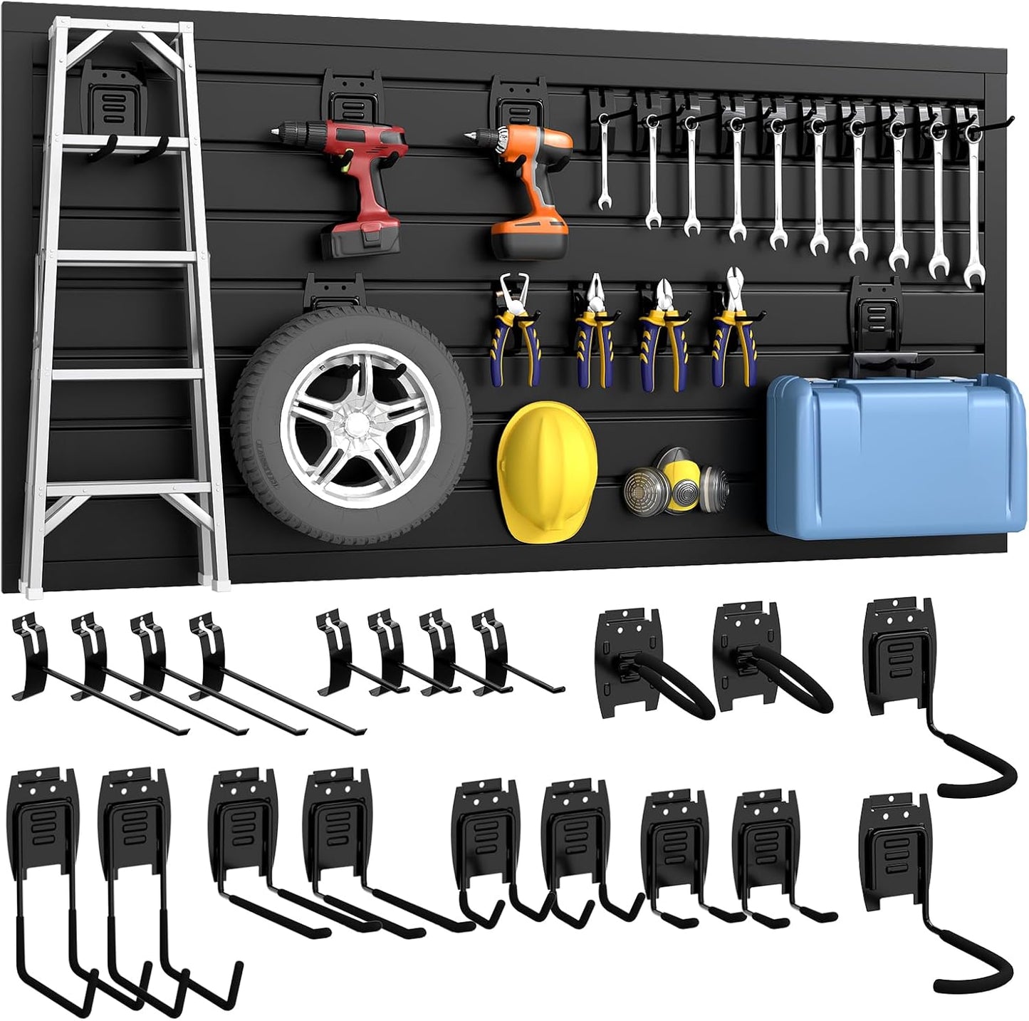 DoCred Slatwall Paneling Organizer, 4x2 FT PVC Garage Slat Wall Storage Systems, Heavy Duty Mounted Slat Peg Board for Tool Organization Ladder Bike Includes 20 PCS Hooks Accessories Kit (Black)