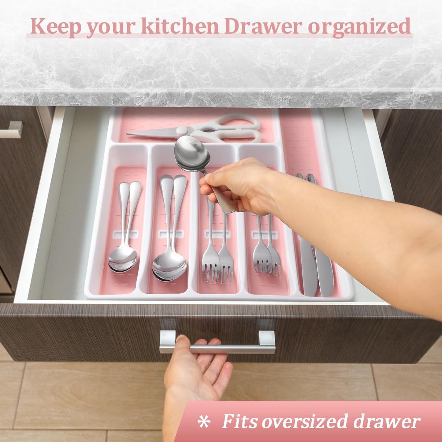 Silverware Organizer with Cutlery Icons，Pink Kitchen Silverware Tray for Drawer，Plastic Flatware Tableware Cultery Drawer Organizer Utensil Organizer with Non-slip TPR Linings，6-Compartment，Pink