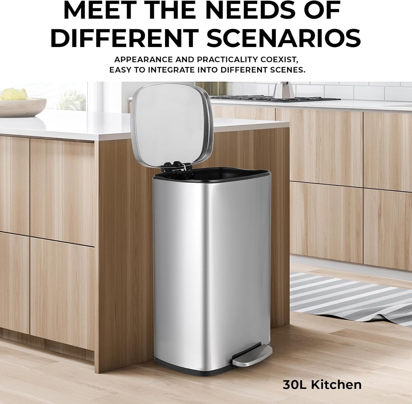 8 Gal Kitchen Trash Can, 30L Recycling or Garbage Bin, Brushed Stainless Steel Waste Basket, Soft&Quiet Close Dustbin, with Step-On Pedal, Removable Inner Bucket, for Home, Office, LIving Room