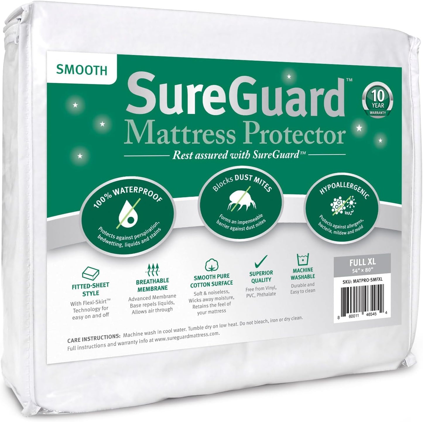 SureGuard Full Extra Long (XL) Mattress Protector - 100% Waterproof, Hypoallergenic - Premium Fitted Cotton Cover - Smooth