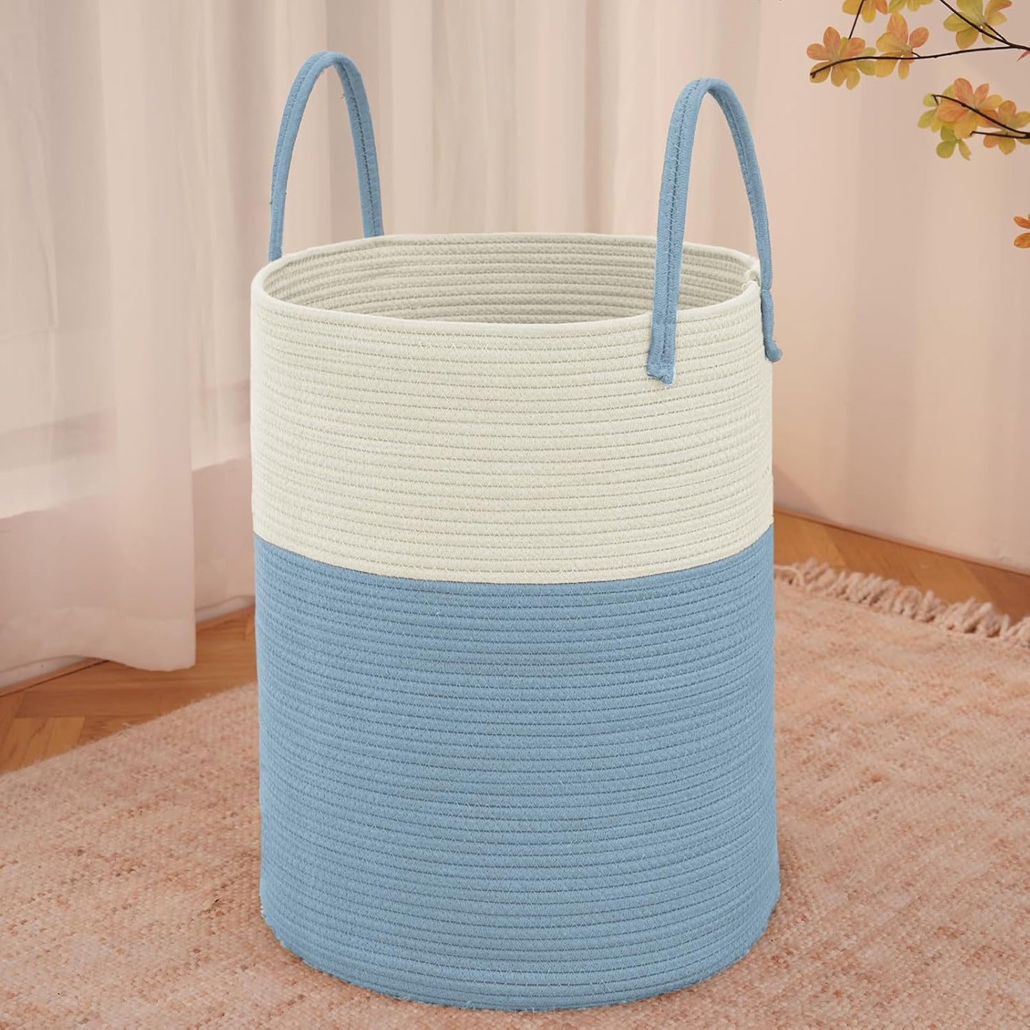 Large Woven Laundry Basket Hamper,100L Cotton Rope Storage Bin for Blankets,Toys and Clothes,Decorative Tall Nursery Hamper for Living Room,Baby Nursery,Bathroom and Bedroom,White and Blue