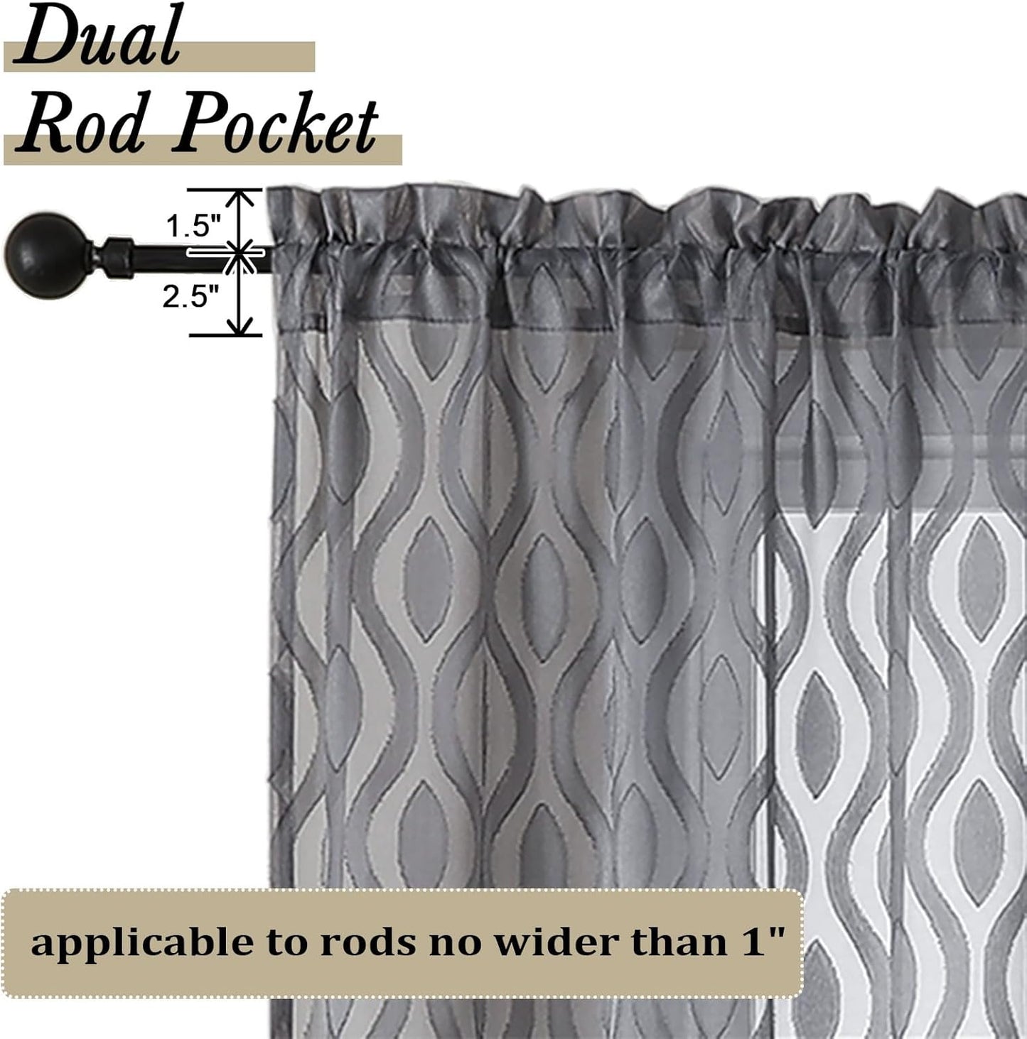 Aiyufeng Grey Sheer Curtains 45 Inch Length 2 Panels Set, Farmhouse Clip Jacquard Textured Short Curtains, Lightweight Chic Wavy Line Window Curtains Drapes for Bedroom, 40" Wx45 L Inches