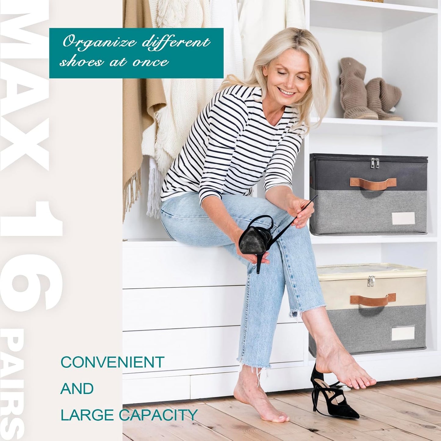 Shoe Organizer for Closet, Foldable Shoe Storage Bins with Clear Cover, Space Saving Shoes Holder with 4 Handles, Large Adjustable Shoe Box Storage Containers, Fits 8-16 Pairs, 2 Pack, Beige