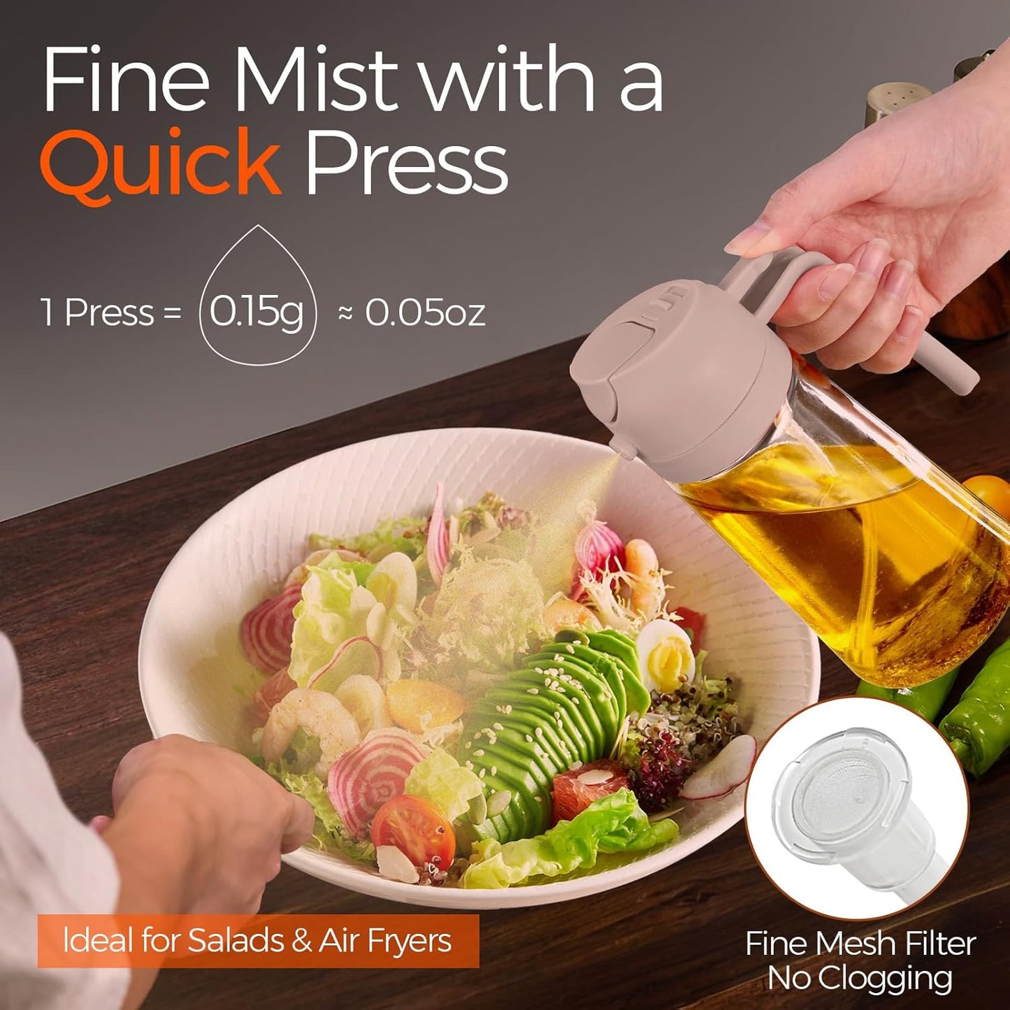 YARRAMATE 16oz/470ml Glass Olive Oil Sprayer for Cooking with Stickers, 2 in 1 Oil Dispenser for Kitchen Gadgets, Food Grade Premium Spray Bottle for Salad, Frying, BBQ (LotusRootPink)