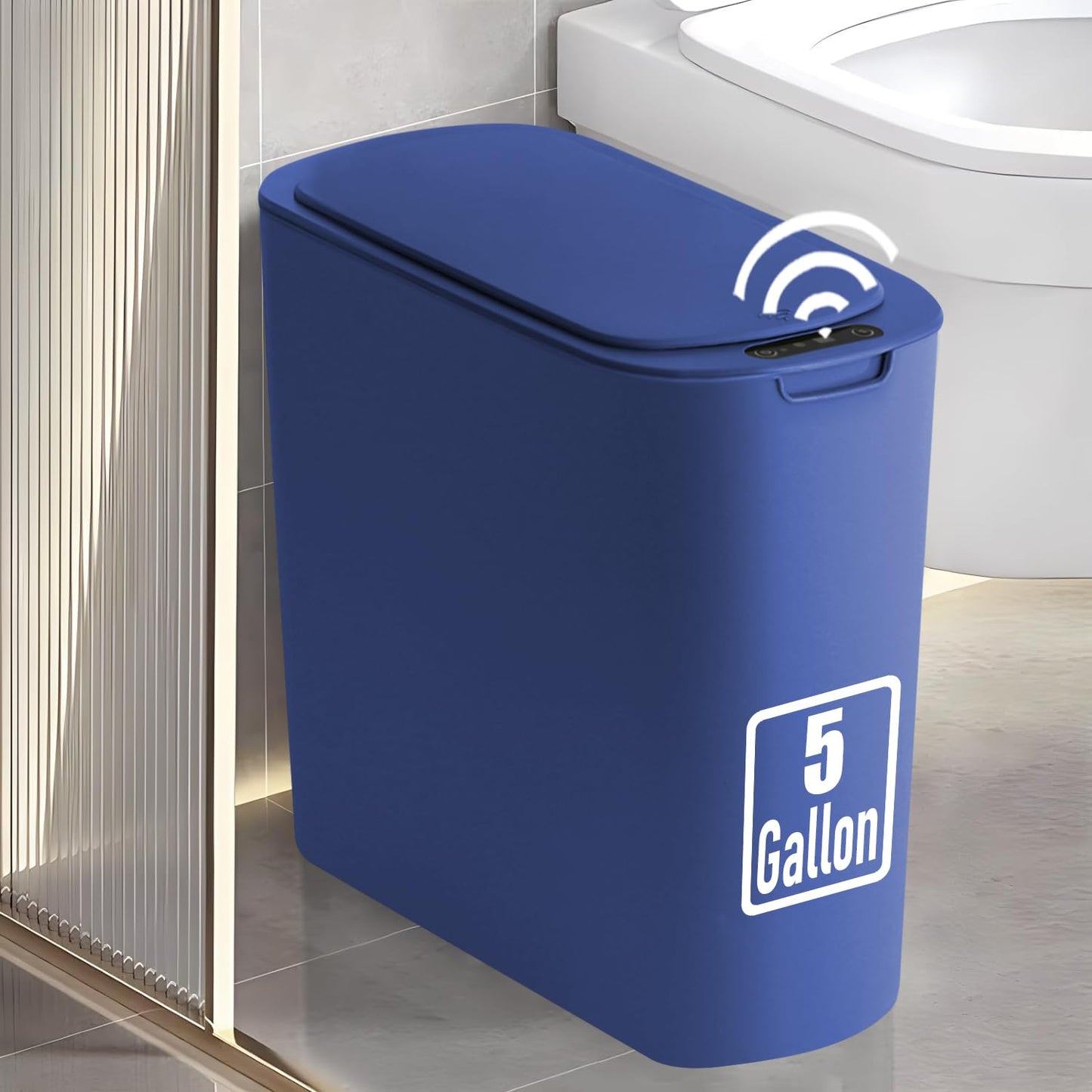5 Gallon Motion Senor Bathroom Trash Can with Lid, Automatic Garbage Can Touchless, Smart Plastic Waste Basket for Narrow Spaces, Bathroom, Office, Bedroom, Living Room (Blue)