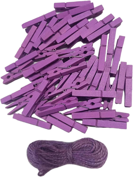 1.9" Small Wooden Clothes Pins Baby Shower Light Purple Mini Clips Photo Holder Hanging Crafts Clothespin Pack 50 with Clothesline