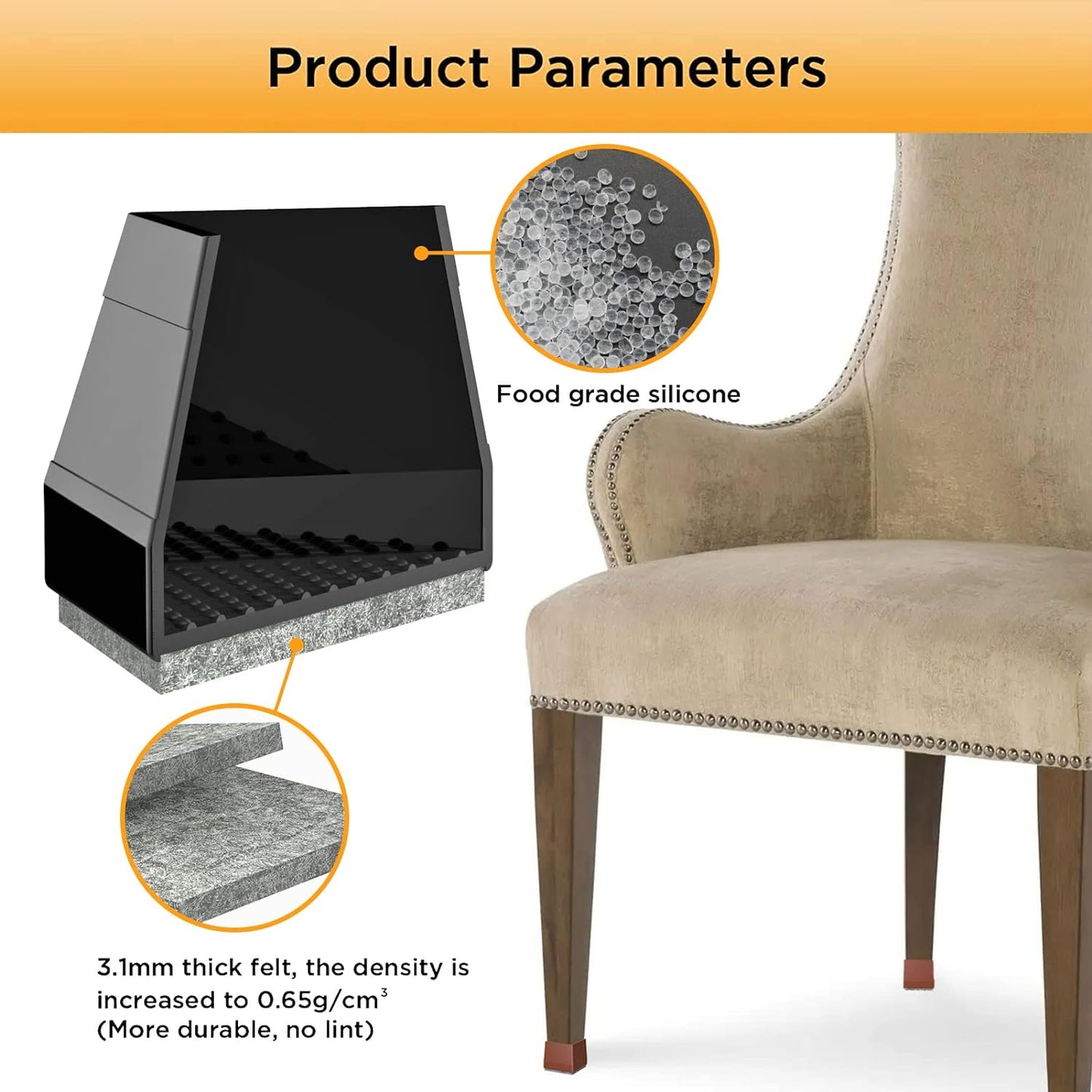 CHWM Square Chair Leg Protectors for Hardwood, 16Pcs Silicone Chair Legs Caps to Prevent Floor from Scratches and Reduce Noise, Easy to Move,(1.5 Inch Black).