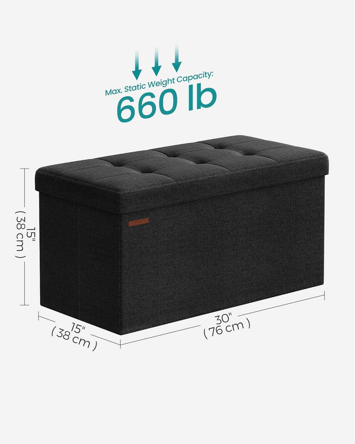 SONGMICS Mazie Collection - 30 Inches Folding Storage Ottoman Bench, Ottoman Foot Rest, End of Bed Bench, Storage Chest, Load 660 lb, for Living Room, Bedroom, Entryway, Ink Black ULSF047B01