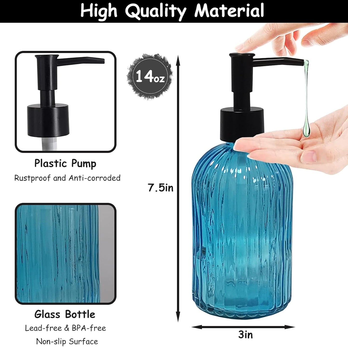Blue Glass Soap Dispenser Set with Black Pump, 13.5oz Refillable Hand Dispenser, Lotion Dish Soap Dispenser for Modern Home Decor, Kitchen Countertop, Bathroom, Hotel