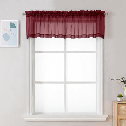 Chyhomenyc Sheer Valances for Windows 2 Pack, 42W x 14L inches Small Window Curtains for Living Room Bathroom Cafe Laundry Basement, Modern Top Dual Rod Pocket Voile Curtain, Burgundy