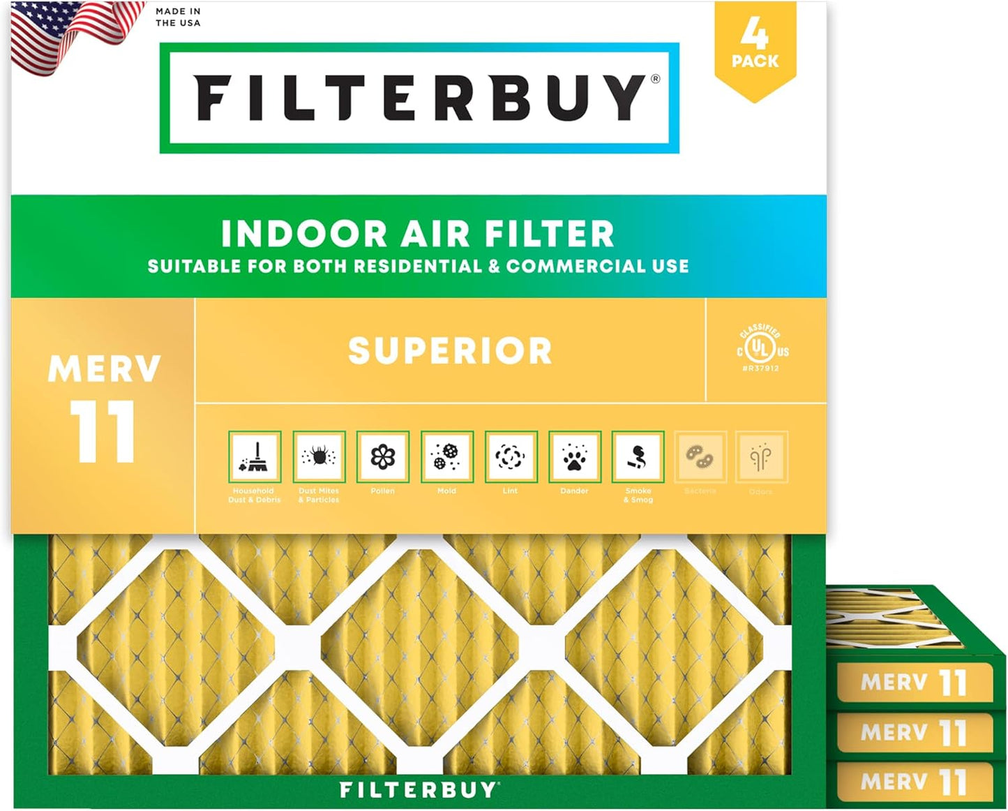 Filterbuy 23.5x23.5x1 Air Filter MERV 11 (MPR 1200) Allergen Defense Replacement (4-Pack), Electrostatic Pleated HVAC AC Furnace Filters, Made in USA (Actual Size: 23.38 x 23.38 x 0.75)