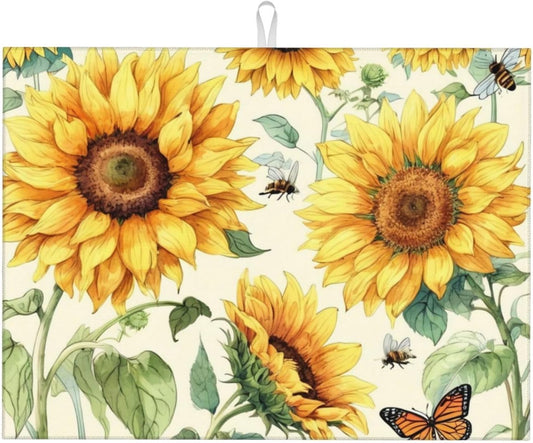 Sunflower Dish Drying Mat Highly Absorbent Double-Sided Microfiber with Hanging Loop Reversible Drain Dish Rack Mat Drain Mat Suitable for Kitchen Countertop Coffee Bar 18 x 24 Inch