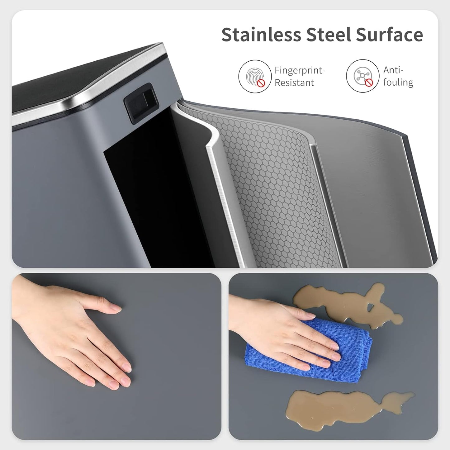 Arlopu 16 GallonStainless Steel Trash Can, 60L Dual Compartment, Metal Kitchen Step Recycle Bin, Metal Double Dustbin, in-Home Garbage Rubbish Can W/Removable Liner Buckets (Grey)