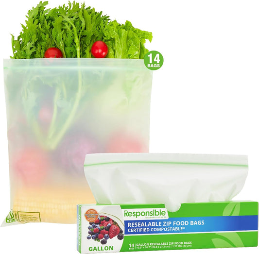Responsible Products Certified Compostable Large GALLON Resealable Zip Bag, Extra Strength Food Bags, Made from Plant Materials (14 Pack)