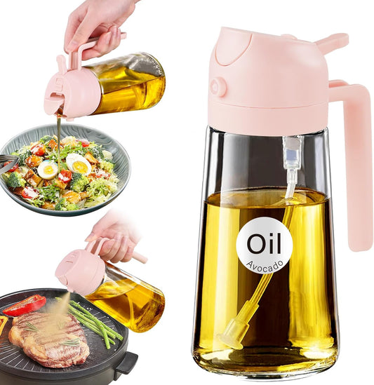 YARRAMATE 16oz/470ml Glass Olive Oil Sprayer for Cooking with Stickers, 2 in 1 Oil Dispenser for Kitchen Gadgets, Food Grade Premium Spray Bottle for Salad, Frying, BBQ (PeachPink)
