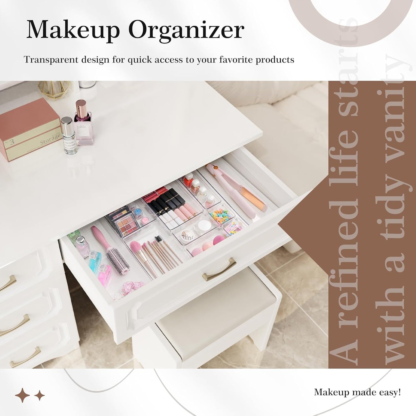 Criusia 11 PCS Clear Plastic Drawer Organizer Set - 5 Large Size Versatile Kitchen and Bathroom Organizer Trays, Non-Slip Storage Bins for Makeup, Utensils, Tool and Office Desk