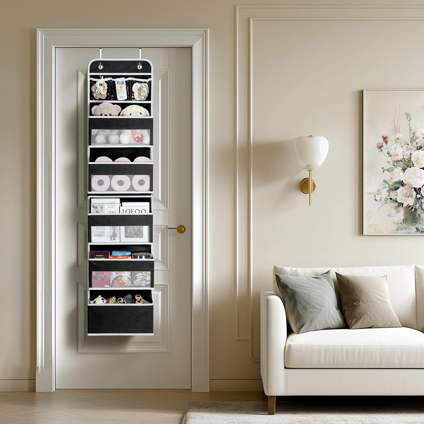 LAMU 6-Tier Over The Door Organizer, Swing - Proof Closet Door Organizer, Flexible 1 Split into 2 Over The Door Storage Organizer for Nursery, Bathroom, Bedroom, Black, 5 x 14 x 61in