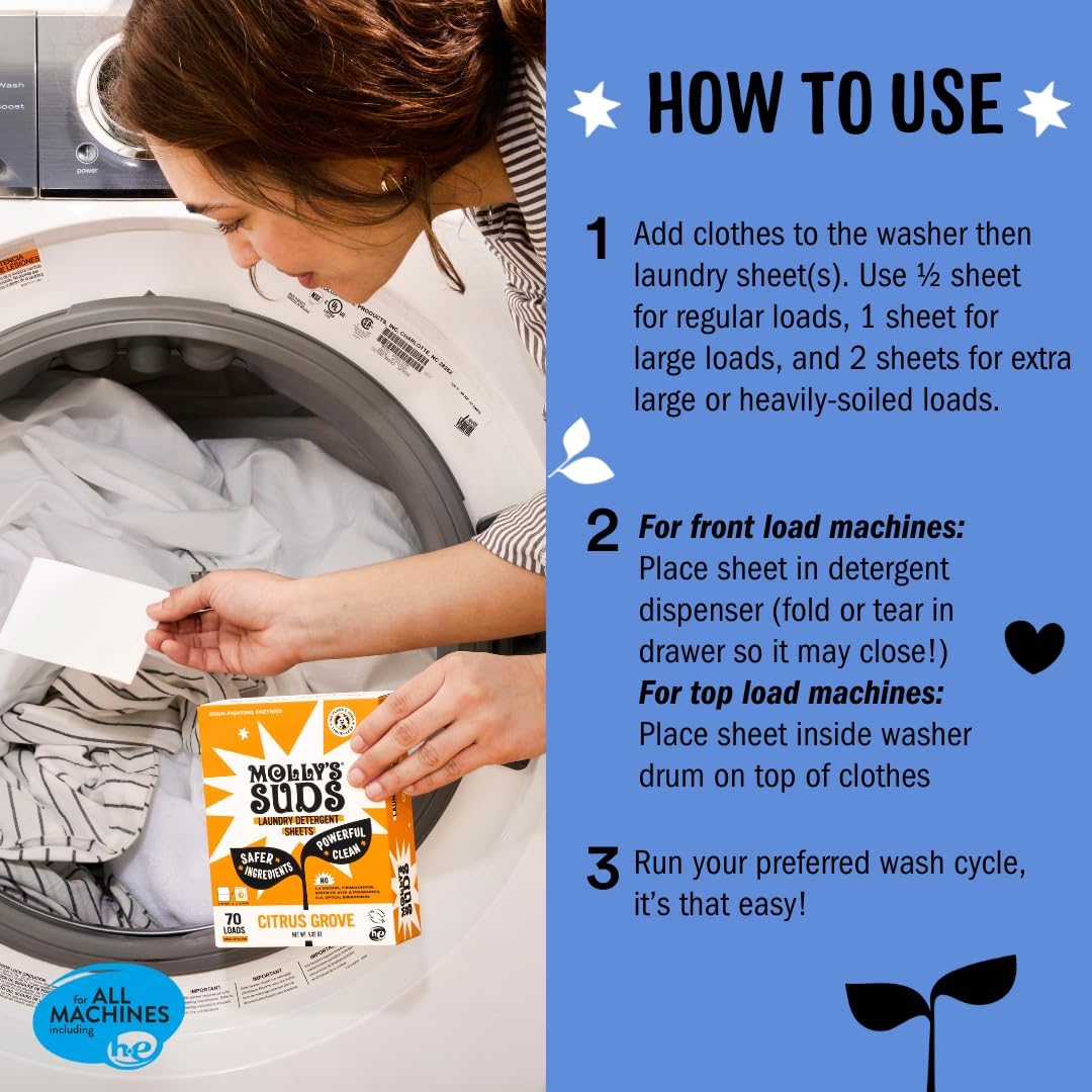 Molly’s Suds Laundry Detergent Sheets | Gentle on Sensitive Skin, Powerful Bio-Based Enzymes, Stain-Fighting | Liquidless & Plastic-Free Packaging | 70 Loads (Ocean Mist)