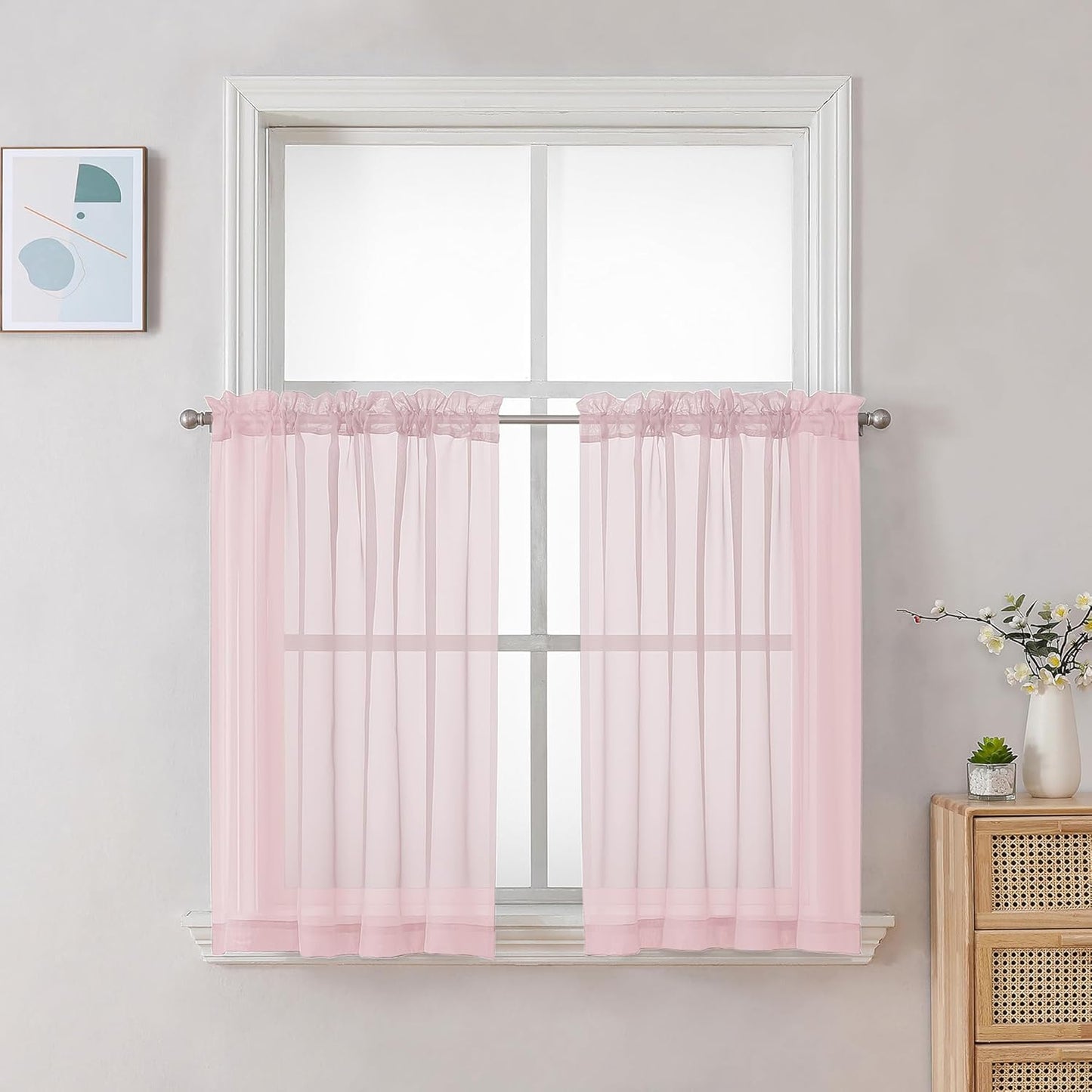 Chyhomenyc Sheer Curtains 24 Inch Length, Small Window Curtains for Bathroom Living Room Basement, Voile Short Rod Pocket Curtain Tiers, 42in Wx 24in L, 2 PCS, Blush Pink