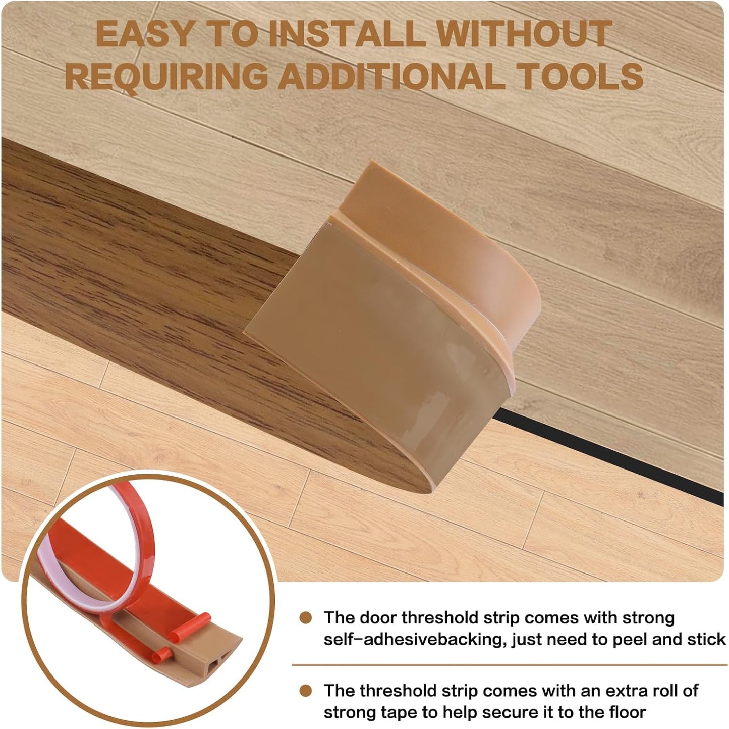Floor Transition Strip Vinyl Door Threshold Ramp Self Adhesive Carpet Edging Strip Doorway Edge Trim, Overlap Edge Reducer for Laminate Carpet, Floor, Tile (Orange Oak, 1/5" to 2/5", 3.3Ft)
