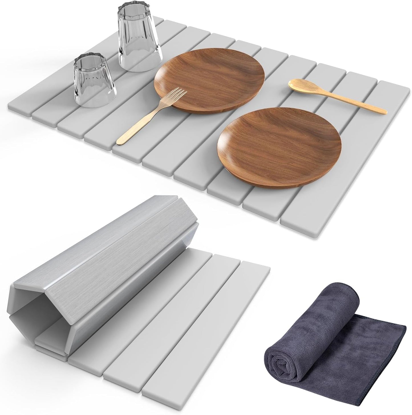 Stone Dish Drying Mat for Kitchen Counter,24"(L)×16"(W) Collapsible Fast-Drying Diatomaceous Earth Mats with Towel Sanding Tool,Versatile Stone Drying Mats for Cups Dishes Bottles