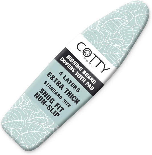 Extra Thick Ironing Board Covers with Pad Standard Size 15x54, Heat Reflective Full Scorch Resistant Padding, Snug Fit Non-Slip Nose Pocket Fastener Straps Elastic Edges, Green Floral