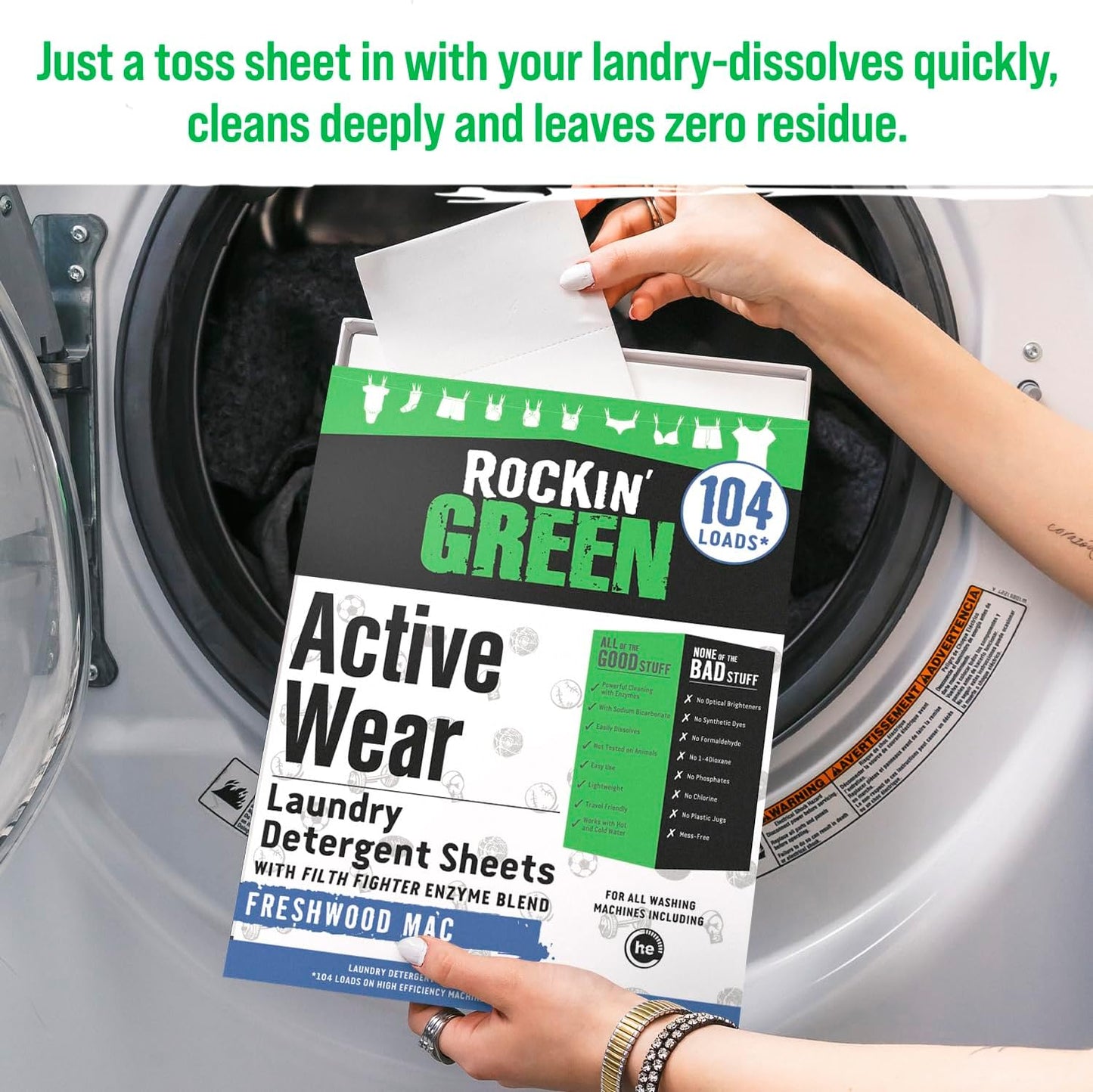 Rockin' Green Active Wear Travel Laundry Detergent Sheets - Mess-Free Laundry Sheet Detergent with Sodium Bicarbonate - Easily Dissolvable Laundry Soap Sheets (104 Loads, Freshwood Mac)