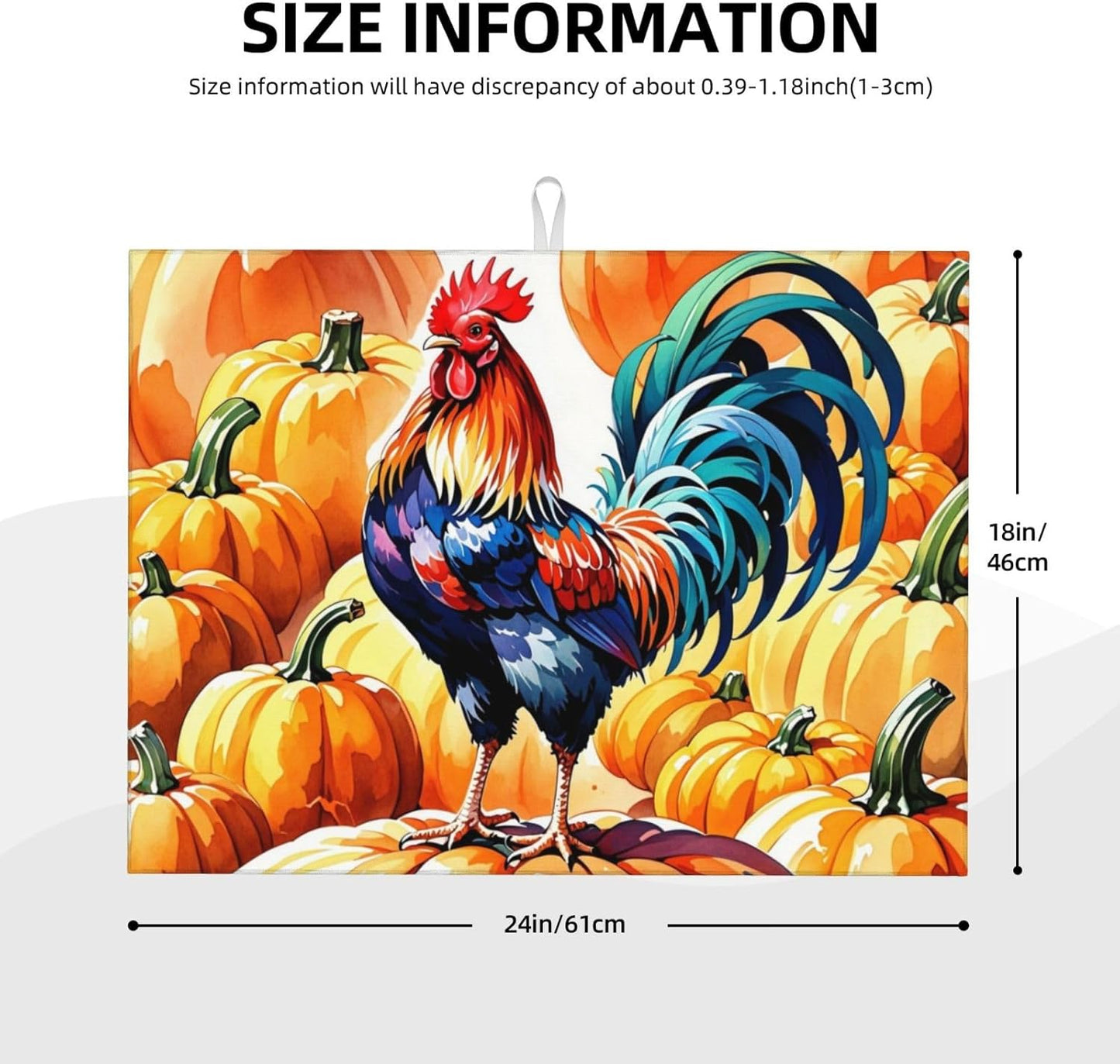 Rooster Pumpkin Dish Drying Mat Highly Absorbent Double-Sided Microfiber with Hanging Loop Reversible Drain Dish Rack Mat Drain Mat Suitable for Kitchen Countertop Coffee Bar 18 x 24 Inch