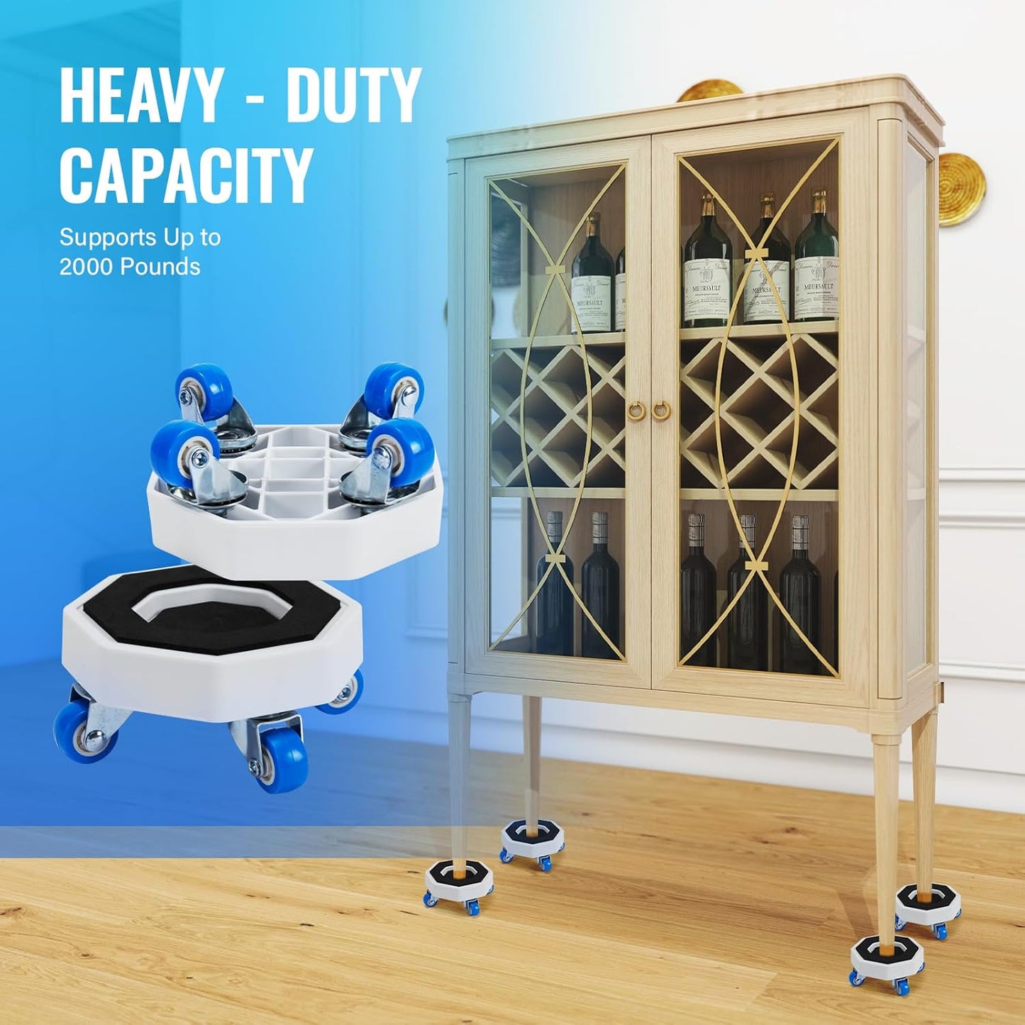 New Upgrade Furniture Sliders, Furniture Lift Heavy Duty Furniture Moving System with Roller Dolly Set Mover Tool Set750LBS- 4 Hexagonal Sliders with 4 Blue Wheels and Moving Rod