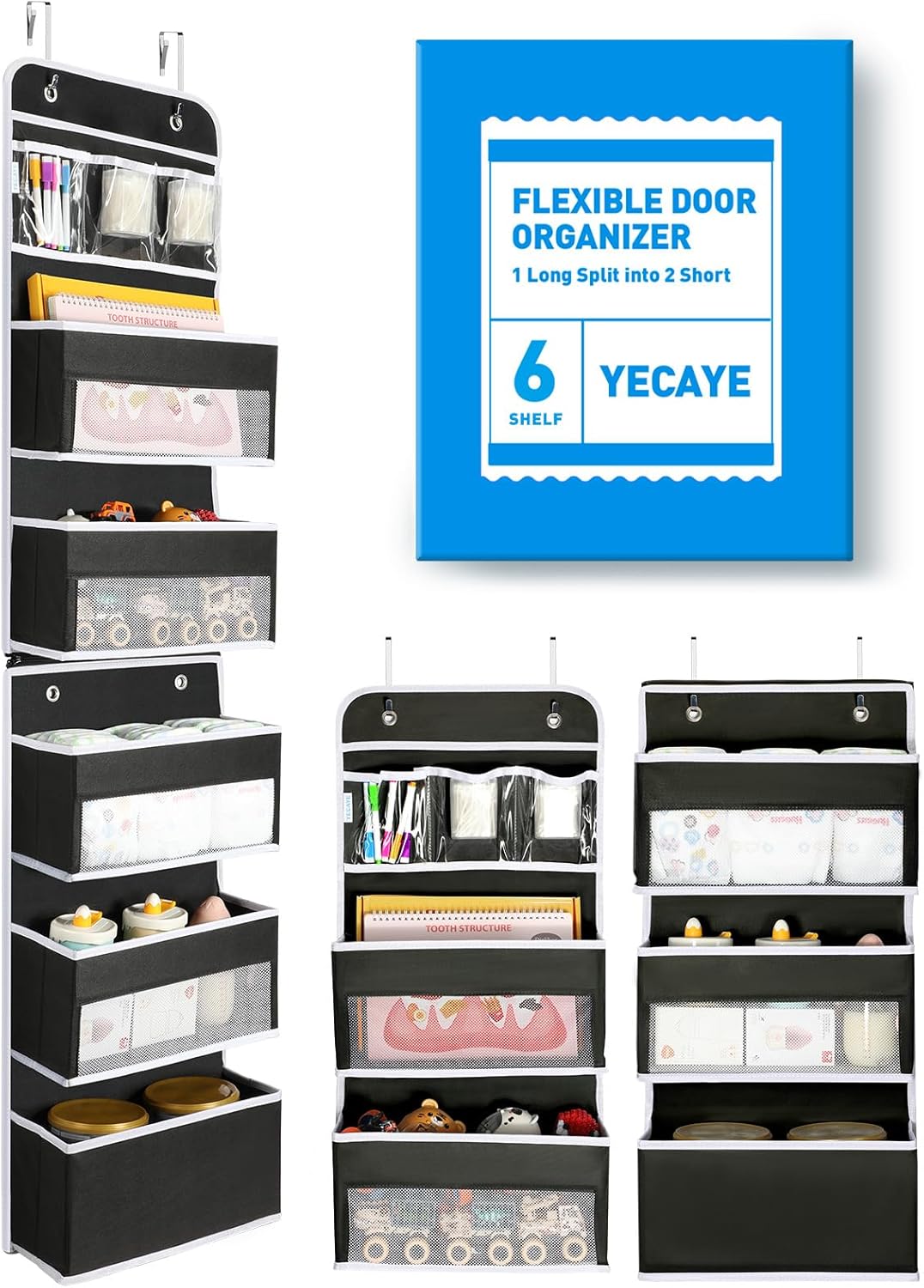 Yecaye 6-Tier Over The Door Storage Organizer, Flexible 1 Split into 2 Swing-Proof Hanging Bathroom Organizer, Bedroom Organizers and Storage for Newborn Baby Essentials, Black