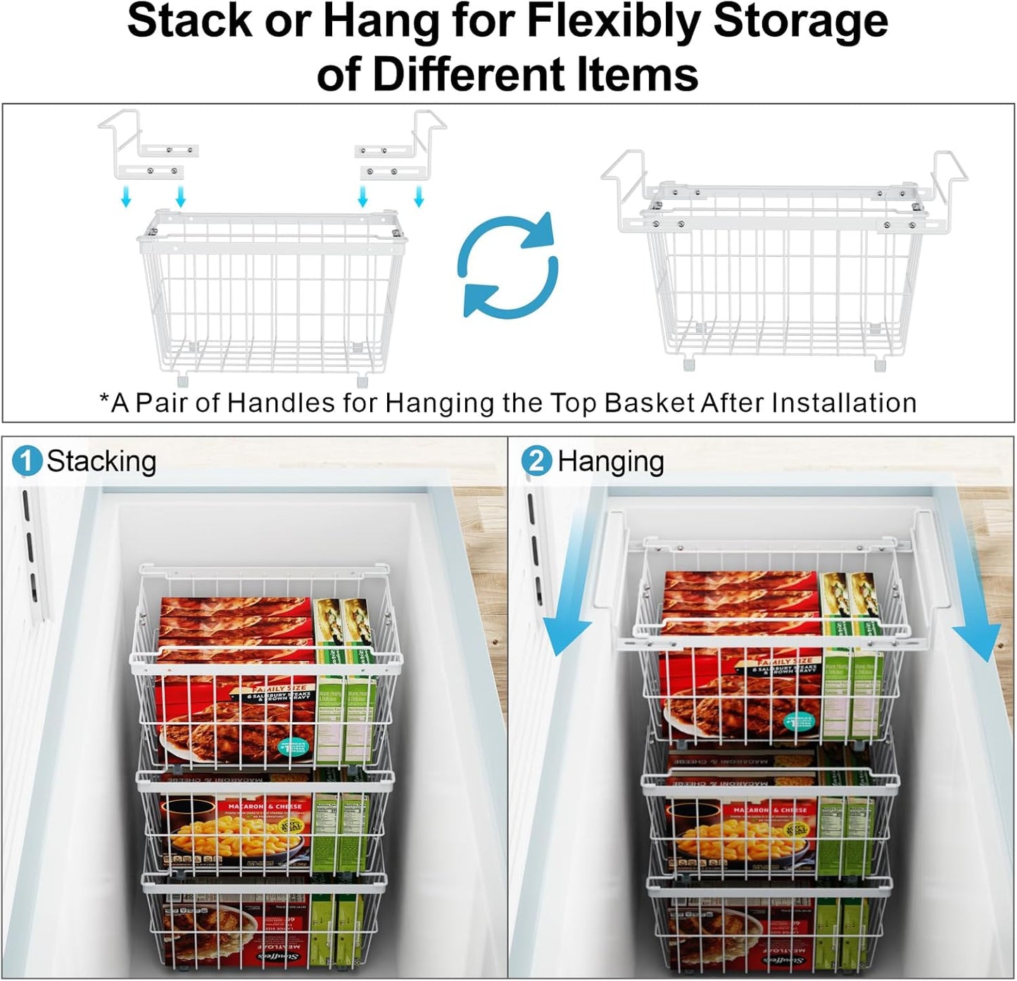 iSPECLE Freezer Organizer Bins - 1 Pc Hanging Basket & 2 Pcs Adjustable Wider & Deeper Chest Freezer Organizer Bins for 5 to 9 Cu Ft, Extra Large & Easy Organize Stackable Basket Store More, White