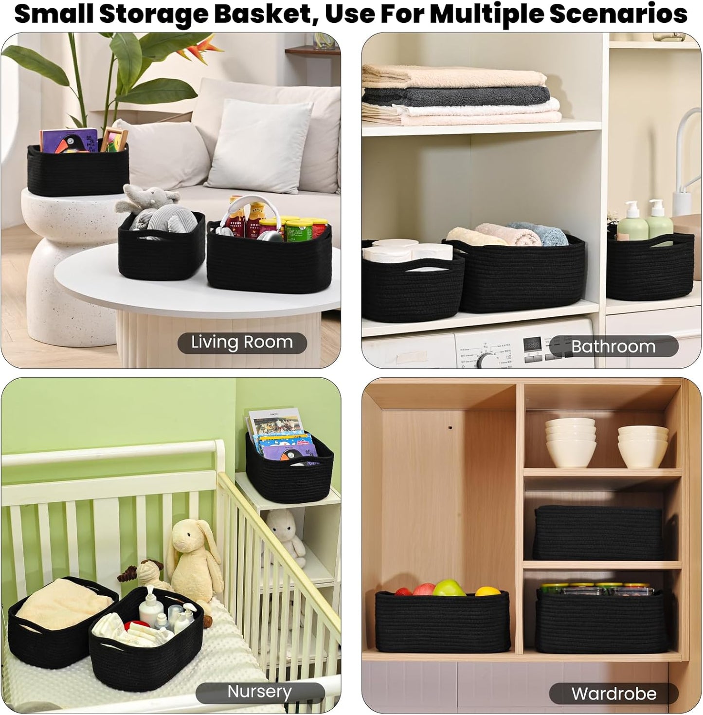 Small Black Baskets for Organizing, Storage Baskets for Shelves, Small Woven Cotton Rope Basket for Storage, Basket for Gifts Empty, 13"×8.5"×5.1" (3 Packs) Black