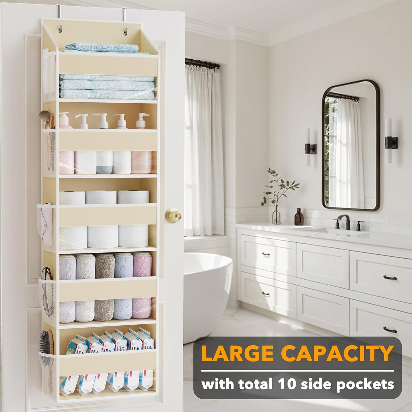 SpaceAid 1 Pack Over The Door Organizer with 5 Large Pockets and 10 Mesh Side Pockets, 5 Layers Door Organizer Hanging with Clear Window for Bedroom, Bathroom, Pantry and Nursery, Beige