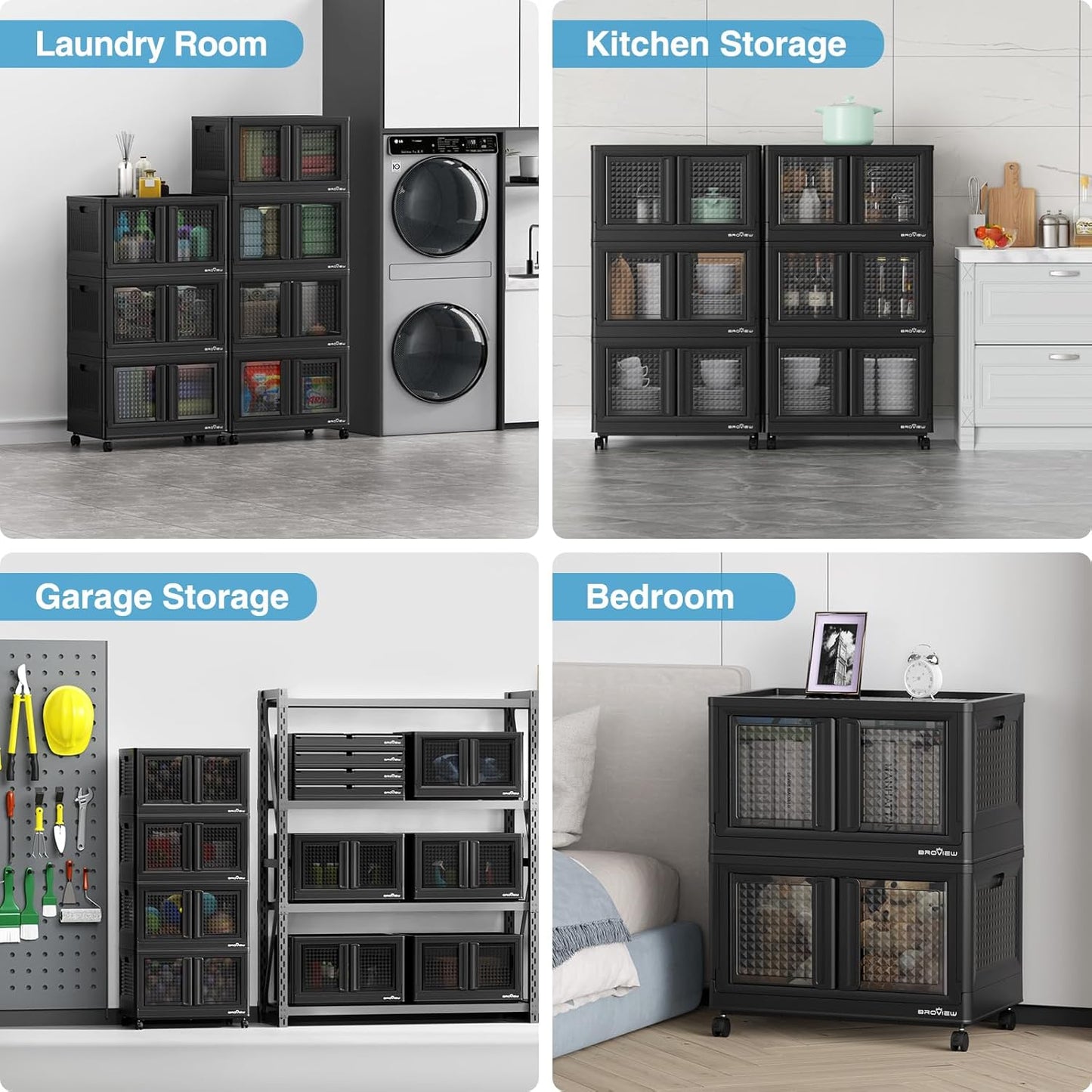 BROVIEW 500 Qt Stackable Storage Bins with Lids & Doors, 5 Pack Plastic Closet Organizer and Storage Drawers with Wheels, Large Collapsible Storage Boxes, Cabinet for Home, Office, V10, Black